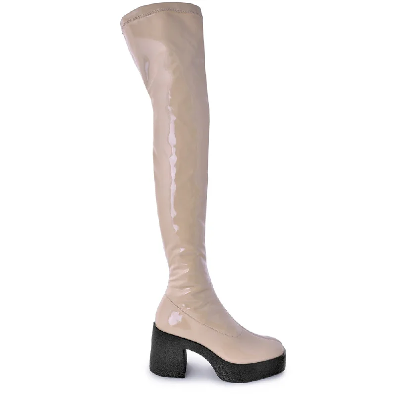 Yoshi Beige Thigh-High Stretch Patent Boots