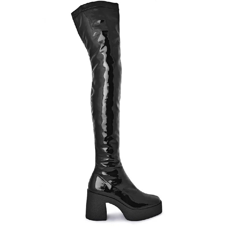 Yoshi Black Thigh-High Stretch Patent Boots