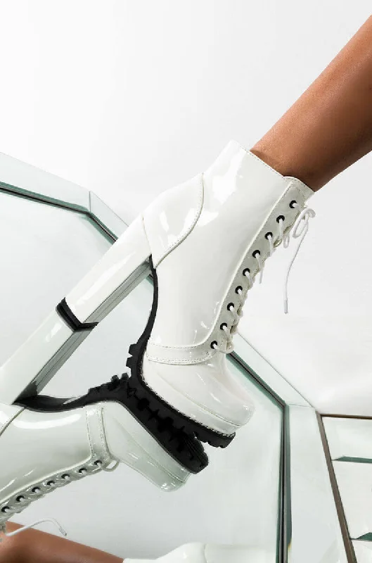 BADASS PLATFORM LACE UP BOOTIE WHITE PATENT