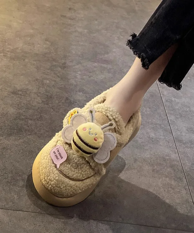 Beige Novelty Splicing Platform Little Bee Teddy Ankle Boots