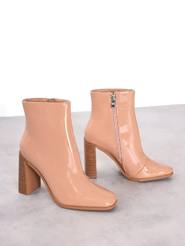 Beige Patent Square-Toe Chunky Heel Boots