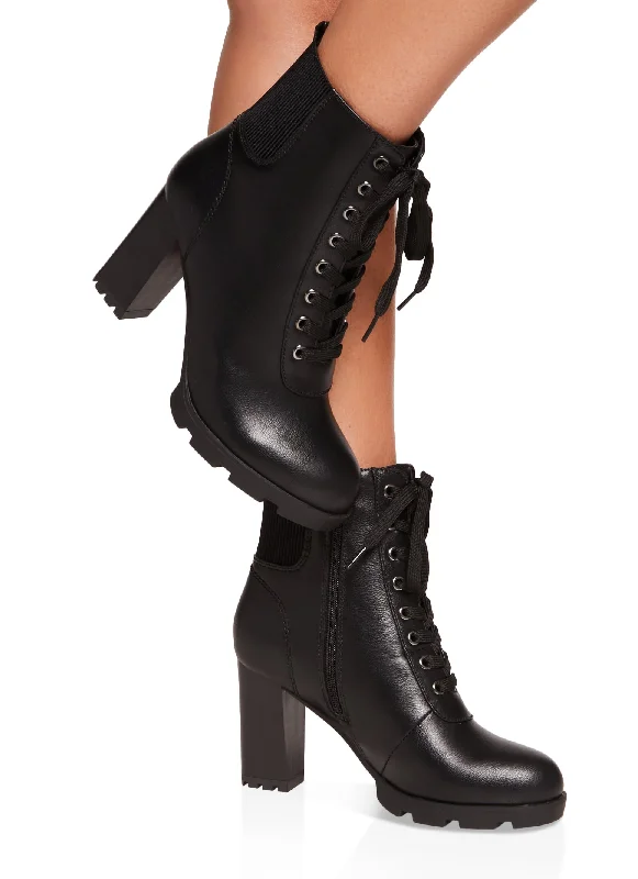 Block Heel Round Toe Lace Up Booties