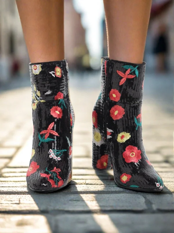 Black Floral Froita Ankle Boots