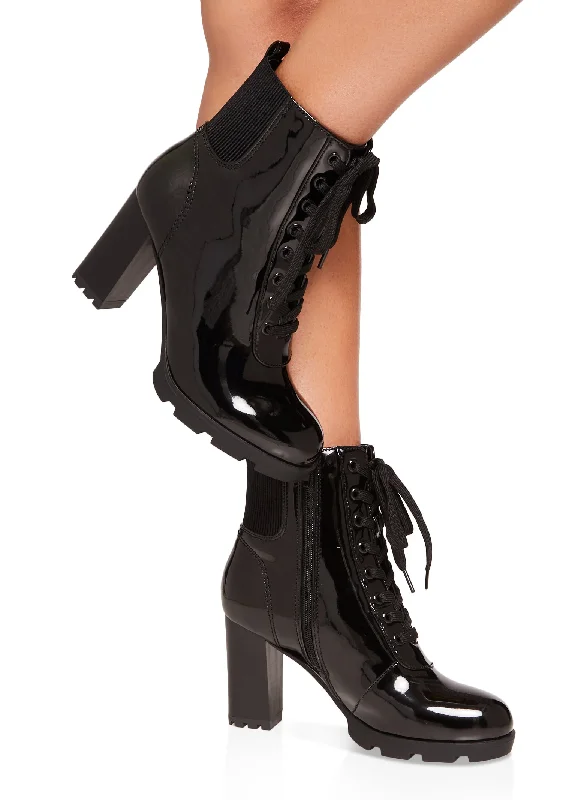 Block Heel Round Toe Lace Up Booties