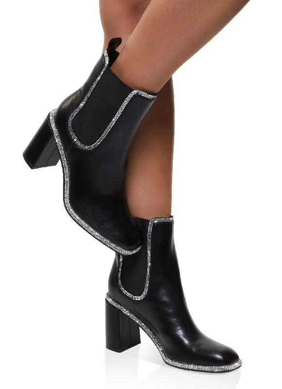 Rhinestone Trim Block Heel Chelsea Boots