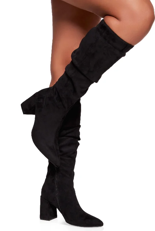 Block Heel Slouch Knee High Boots