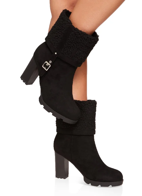 Faux Suede Sherpa Lined Buckle Fold Over Boots