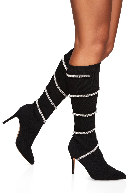 Pointed Toe Rhinestone Wrap Around Sock Boots