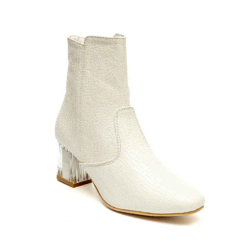 Block Heel Ankle Boots - White