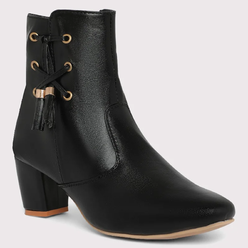 Block Heel Tassel Ankle Boots - Black