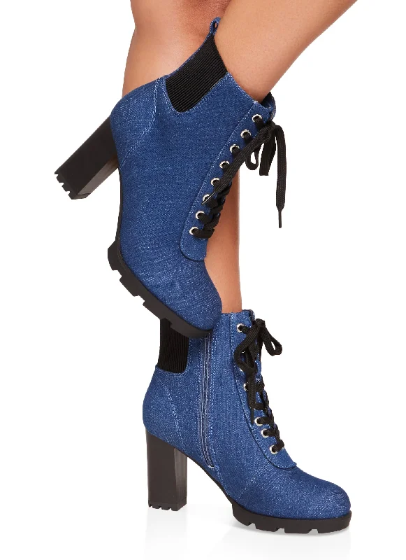 Block Heel Round Toe Lace Up Booties