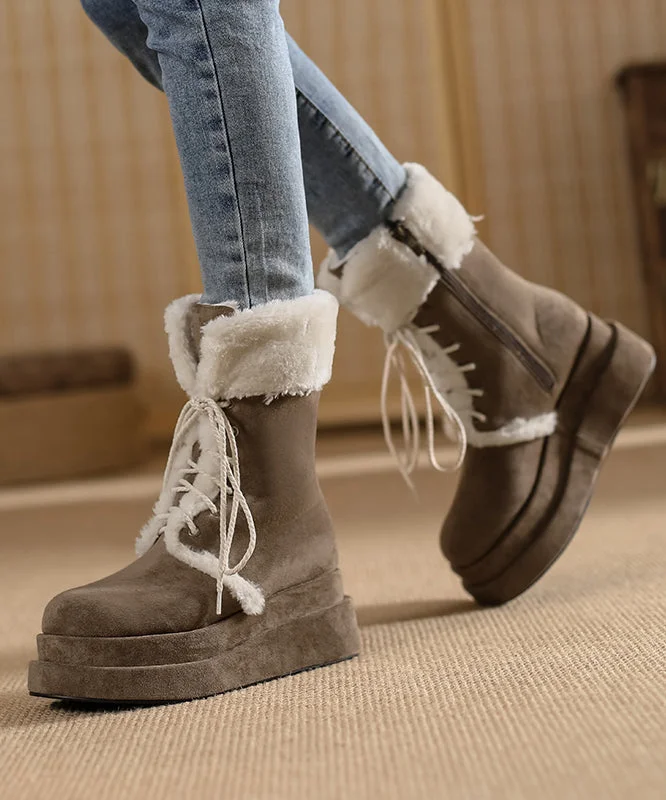 Brown Fuzzy Wool Lined Cross Strap Splicing Platform Boots