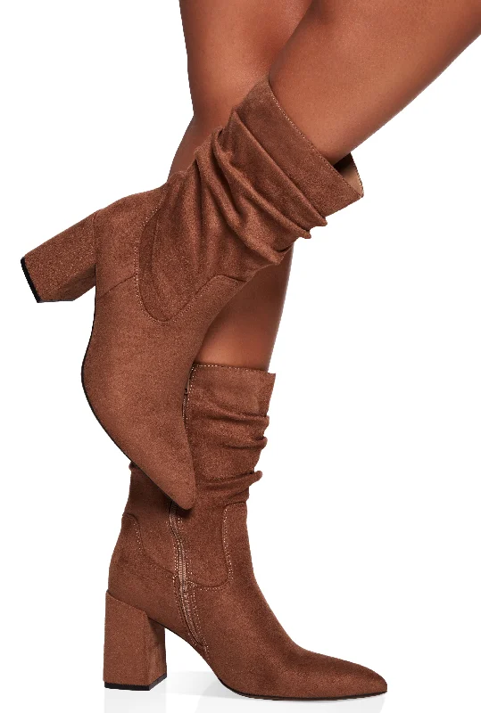 Ruched Pointed Toe Block Heel Booties