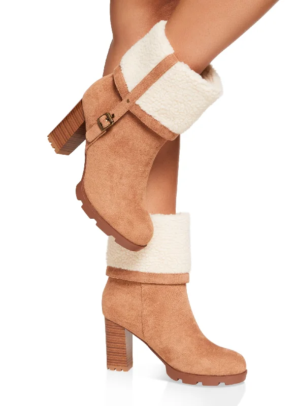 Faux Suede Sherpa Lined Buckle Fold Over Boots