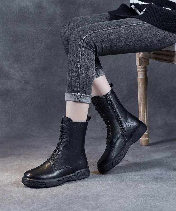 Chic Black Platform Cowhide Leather Lace Up Boots