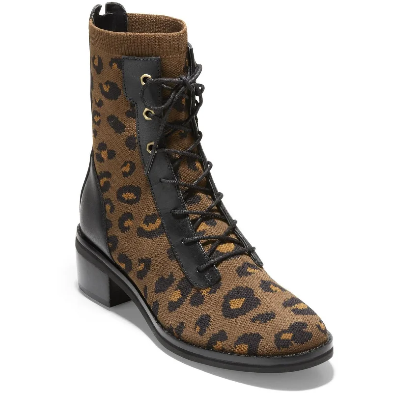 Cole Haan Womens Piedmont Stchlt Cmbt Knit Animal Print Combat & Lace-up Boots