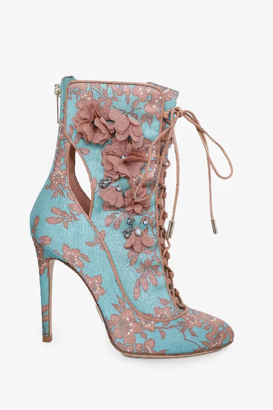 Elisabetta Franchi F/W 17 Blue/Mauve Floral Applique Heeled Boots Size 38