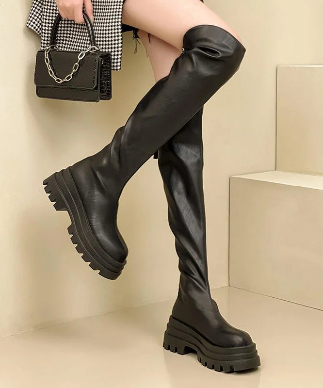 Fashion Zippered Splicing Platform Knee Boots Black