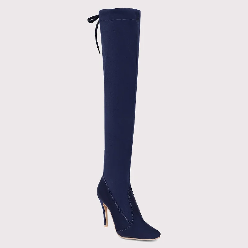 Knee High Stiletto Boots - Navy Blue