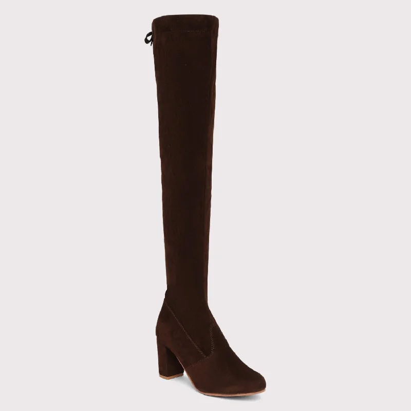 Velvet Knee High Boots - Brown