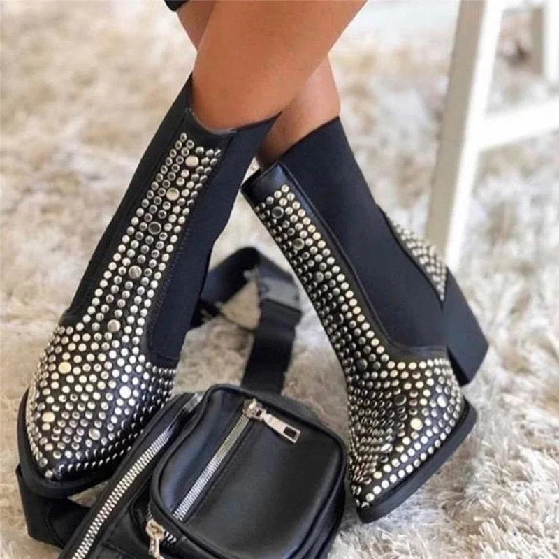 High Quality Square Heels Classic Fashion Rivets Elastic Ankle Boots Shoes Women Chelsea Boots