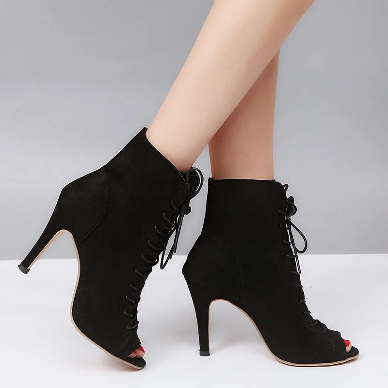 Sohiwoo Peep Toe Stiletto High Heel Ankle Boots Lace Up Booties