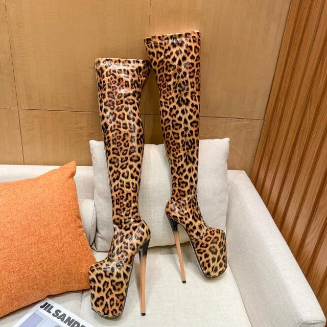 Pole Dancing Elegance: 20cm Thin Heels Stiletto Over-the-Knee Boots for Crossdressers - Platform Pumps in Leopard Print