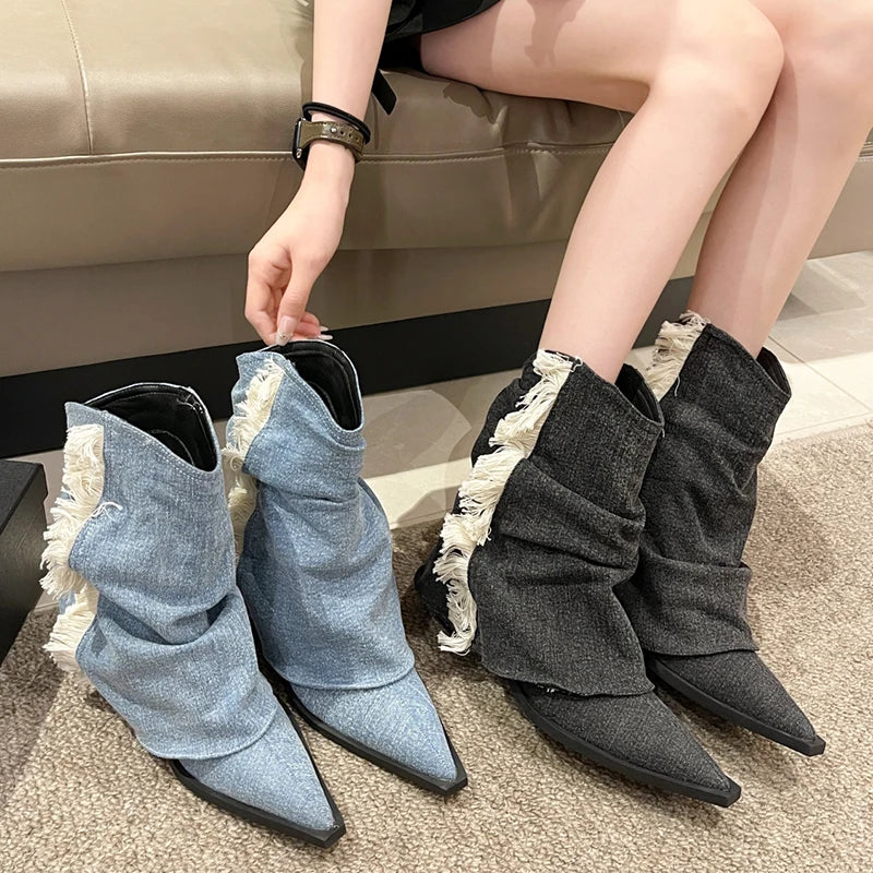 Sohiwoo Fashion Tassel Cowgirl Boots for Women  Autumn Winter Pointed Toe Denim Ankle Boots Woman High Heels Pleated Western Booties