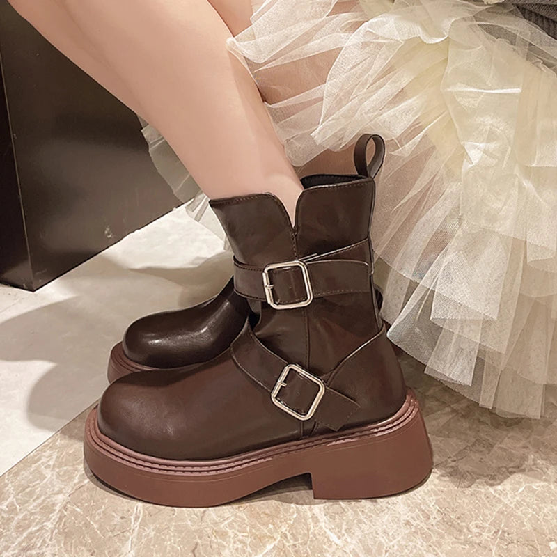 Sohiwoo Spring Autumn Vintage Women Ankle Boots Fashion Elegant Belt Buckle Shoes Square Heel Women's Morder Short Booties