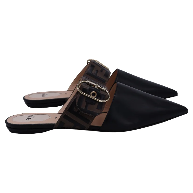 Fendi FF Embossed Buckle Flat Mules in Black Vitello Leather