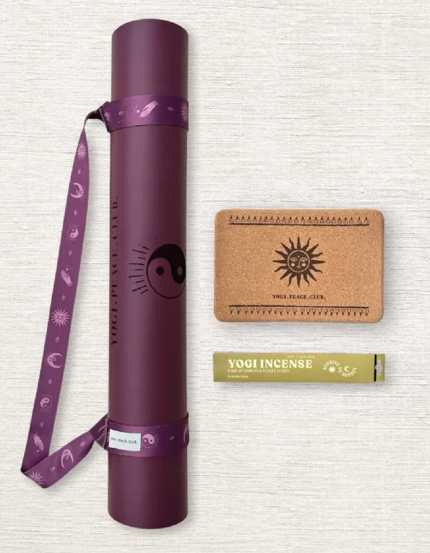 5 mm Yoga Pack - Deluxe Plum Yoga Mat + Block + Strap + Incense