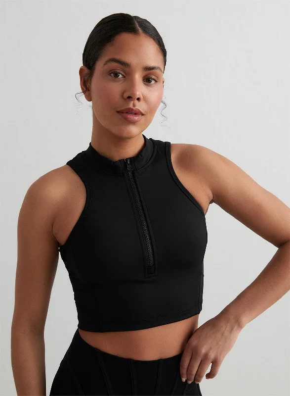 Black Sculpting Racer Front Zip Top