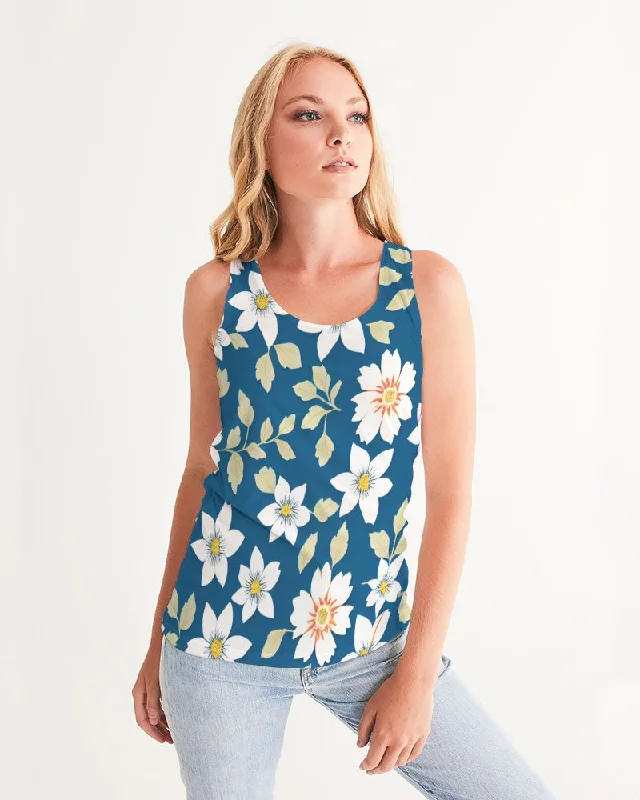 Dark blue background and white flower pattern Women's All-Over Print Tank