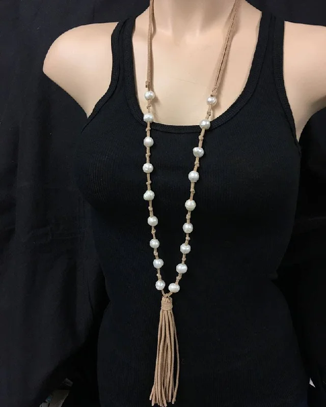 Leather and Knotted Freshwater Pearls and Tassel Necklace Tan