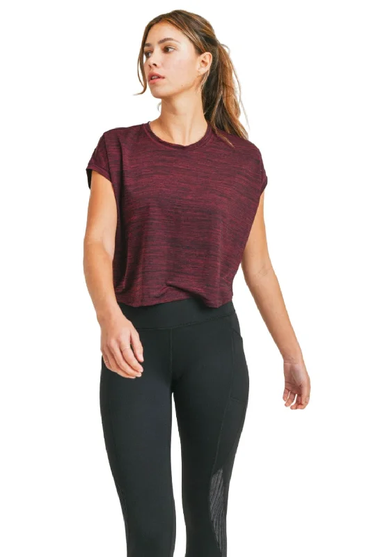 Mono B Cap-Sleeved Melange Athleisure Cropped Shirt AT3090