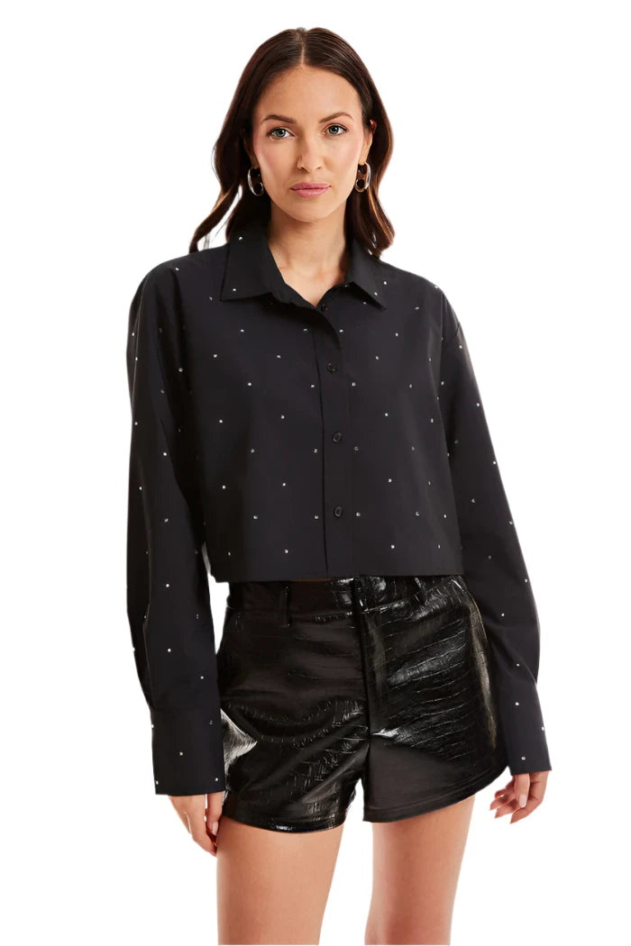 Noli Cropped Button Up Embellished Black Crystal  Top