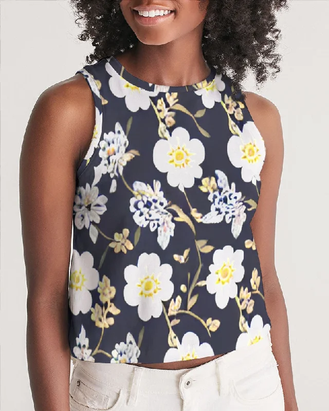 Pink flower black background Women's All-Over Print Cropped Tank