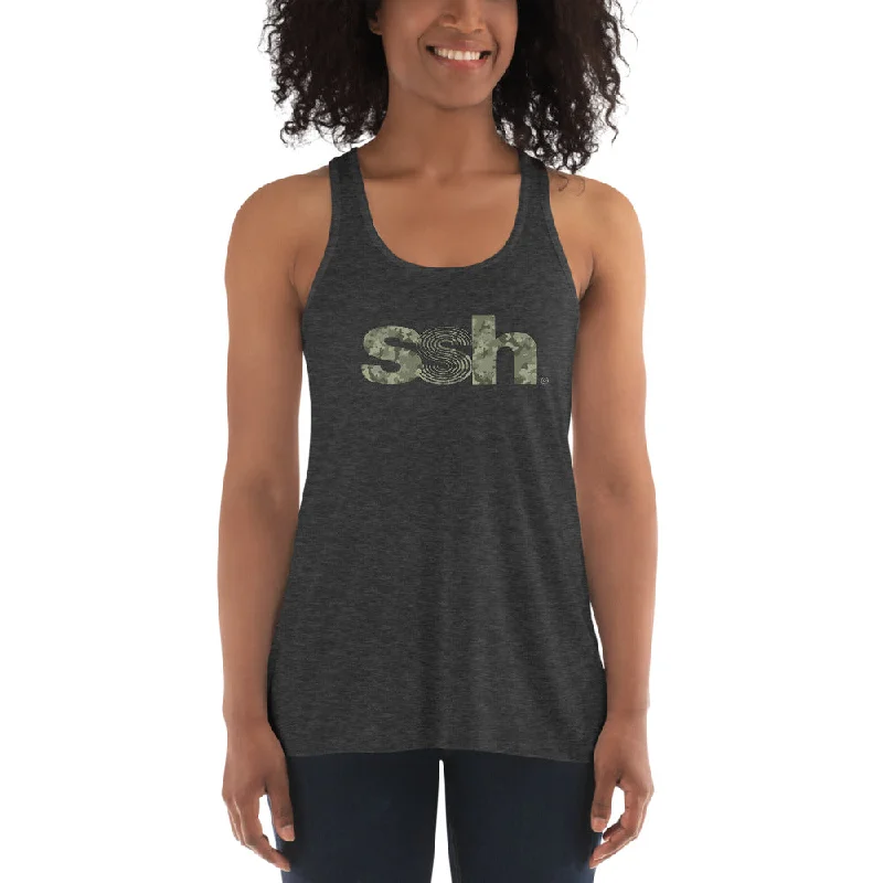 Steve Silk Hurley's ssh® branded Women's Flowy Racerback Tank (Heather Gray, with Green Camo)