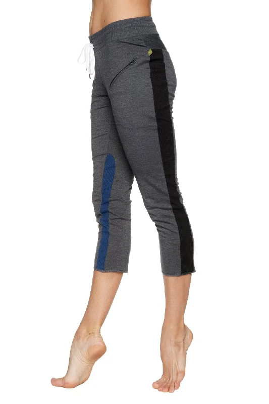 Women's 4/5 Length Zipper Pocket Capri Yoga Pant (Charcoal w/Black & Blue)