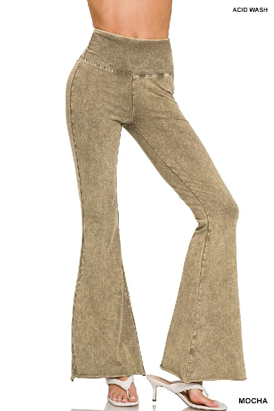 Zenana Acid Washed High Waist Raw Hem Boot Cut Pant CPW-3197D4 Mocha